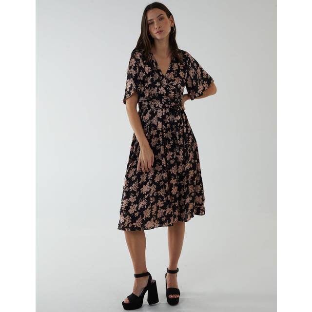 Womens V-Neck Angel Sleeve Midi Dress - Black - 8