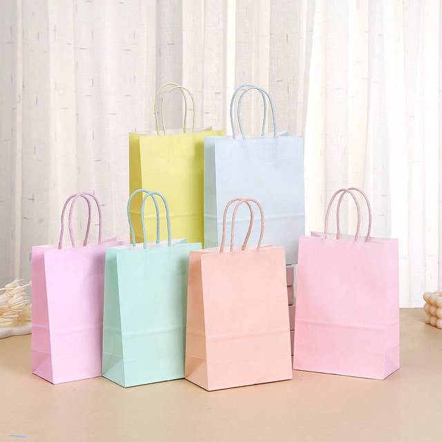 SHEIN 12pcs Mixed Colored Kraft Paper Gift Bags Set, Plain Party Favor Bags, Shopping Bags,