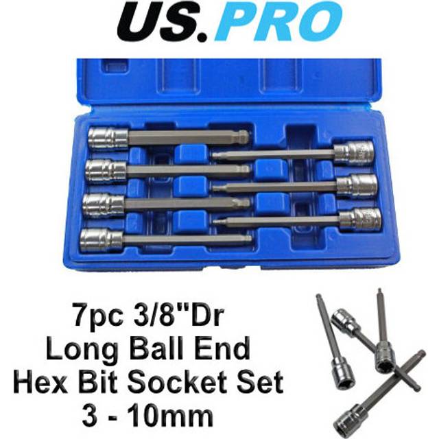 Us Pro 7pc 3/8dr Long Ball End Hex Bit Socket Set 3 - 10mm Allen Key 1499