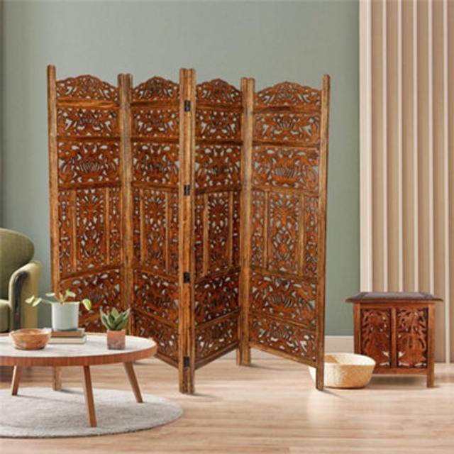 Topfurnishing - 4 Panel Heavy Duty Carved Indian Screen Wooden Leaves Design Screen Room Divider 183x50cm per panel, wide open 202cm [Light Brown]