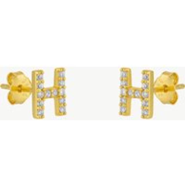 Womens Initial Letter Stud Earrings Sterling Silver in 18K Gold Plated - Pair - Metallics - H