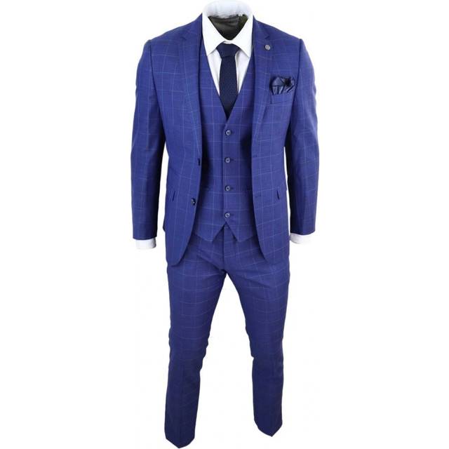 (38) Mens 3 Piece Royal Blue Check Vintage Retro Suit