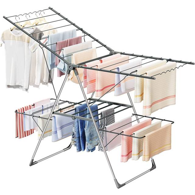 Clothes Airer With 33 Bars, 2-Level Foldable Clothes Drying Rack Indoor Outdoor, Stainless Steel Large Clothes Horse, 6 Height-Adjustable Laundry Dryi (223.52cm H X 358.14cm W X 147.32cm D)