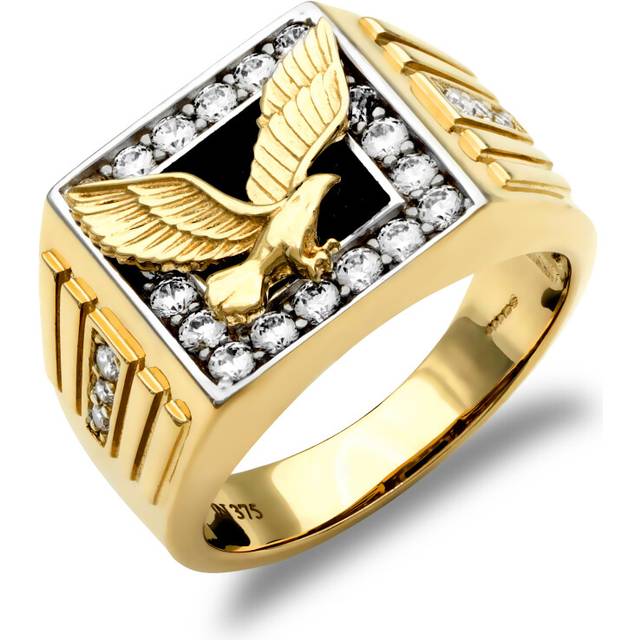 (V) Jewelco London Men's 9ct Yellow and White Gold Black and White Onyx and Cubic Zirconia Pave Eagle Signet Ring - JRN431
