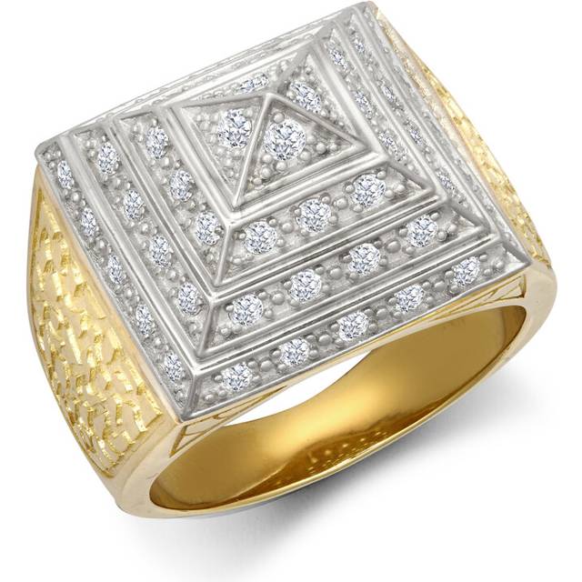 (W) Jewelco London Men's 9ct Yellow and White Gold White Cubic Zirconia Egyptian Pyramid 1/2oz 20mm Signet Ring - JRN563