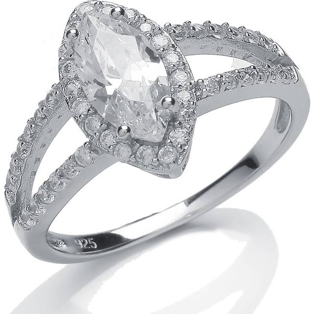 (M) Jewelco London Ladies Sterling Silver Cubic Zirconia Split Shoulder Halo Solitaire Engagement Ring - GVR714