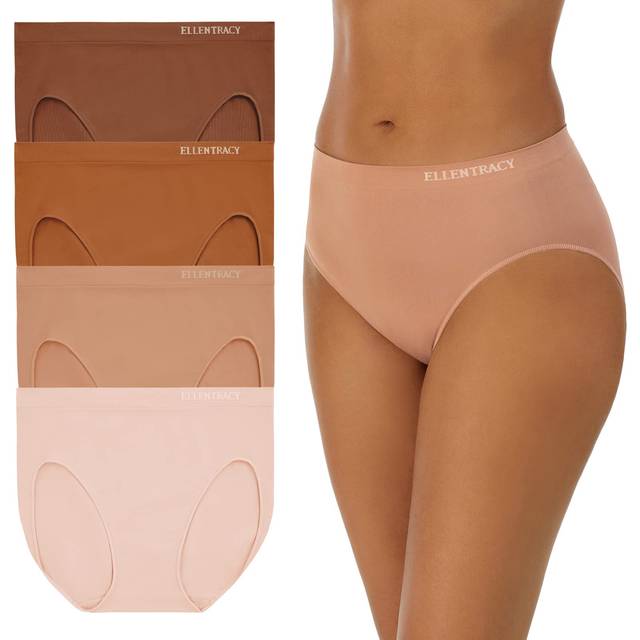 ELLEN TRACY Womens Seamless Underwear - No-Show Full-Coverage Comfort - Stretchy High Cut Panties for Everyday Wear - 4-Pack - Peach Whip/Cork/Mocha B