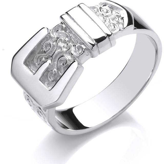(V) Jewelco London Mens Sterling Silver Carved Scroll Belt Buckle Signet Ring - GVR772