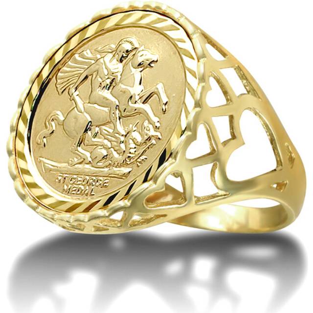 (W) Jewelco London Men's Solid 9ct Gold Love Hearts St George & Dragon Medallion Ring (Half Sov Size) - JRN171-H-SG