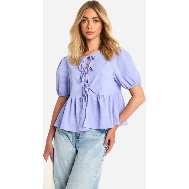 Womens Textured Tie Front Puff Sleeve Smock Top - Blue - 10, Blue