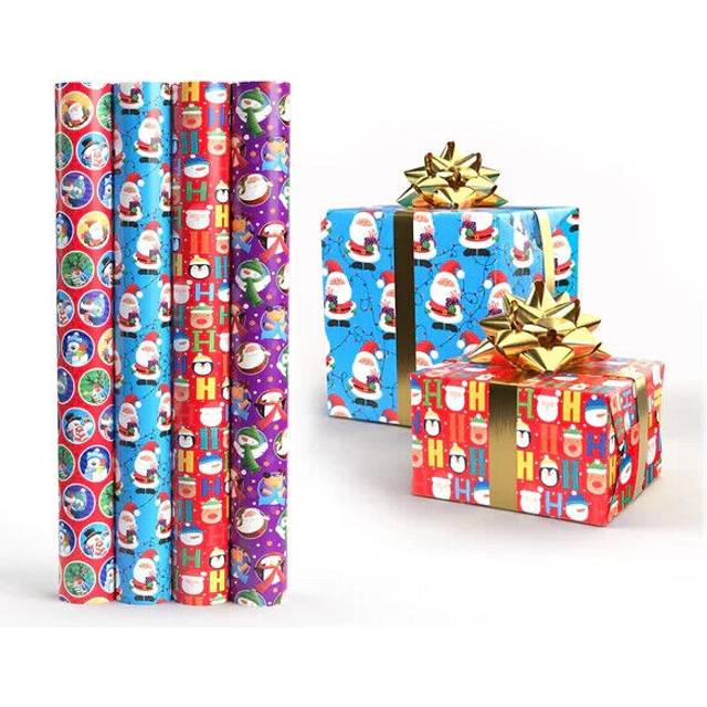 4x 4M Cute Christmas Wrapping Paper Rolls Kids Wrap With 16 Gift Tags