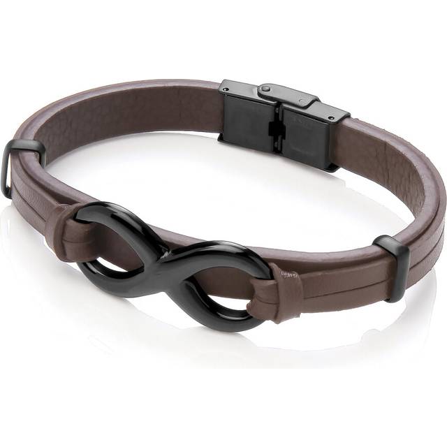 Jewelco London Mens Chocolate Brown Leather Stainless Steel 18mm Infinity Symbol 8 Strap Bracelet 9mm 8 inch - BRC201BRN