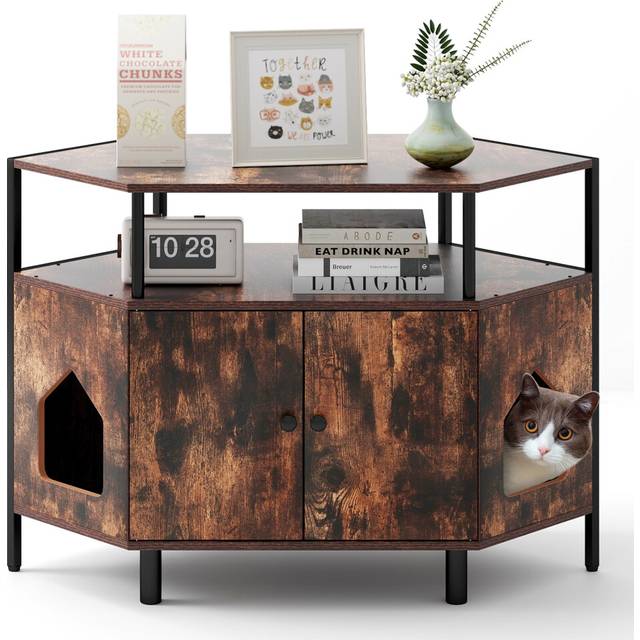 Corner Cat Litter Box Enclosure Cat House Cabinet with Open Shelf