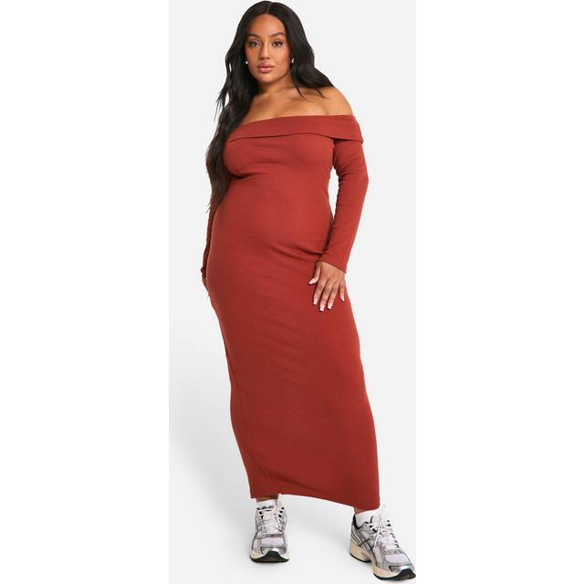 Womens Plus Basic Rib Bardot Maxi Dress - Orange - 22