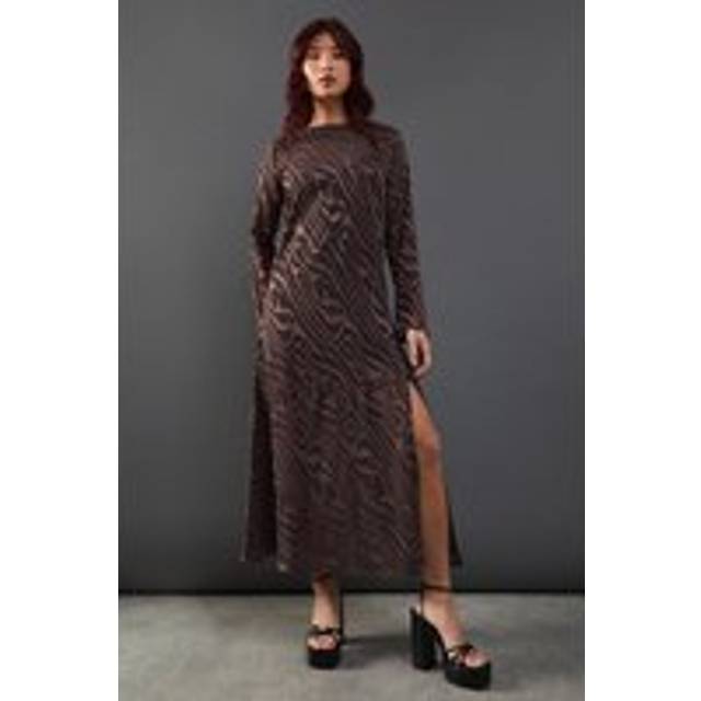 Womens Petite Burnout Chiffon Column Long Sleeve Maxi Dress - Brown - 4