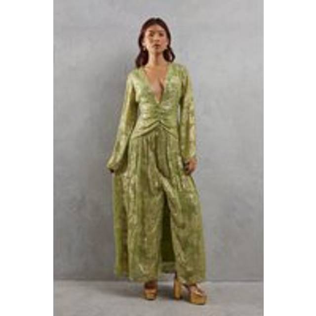 Warehouse Womens Metallic V Plunge Maxi Dress - Lime Green - Size 8 UK