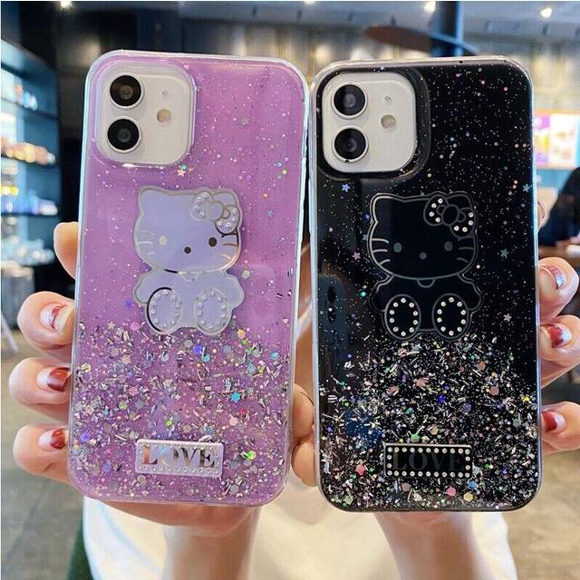 For iPhone 14 13 15 Pro Max 12 11 XR Glitter Sparkle Hello Kitty Clear TPU Case-as the picture-For iPhone 13 Mini