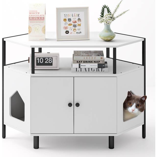 Corner Cat Litter Box Enclosure Cat House Cabinet with Open Shelf