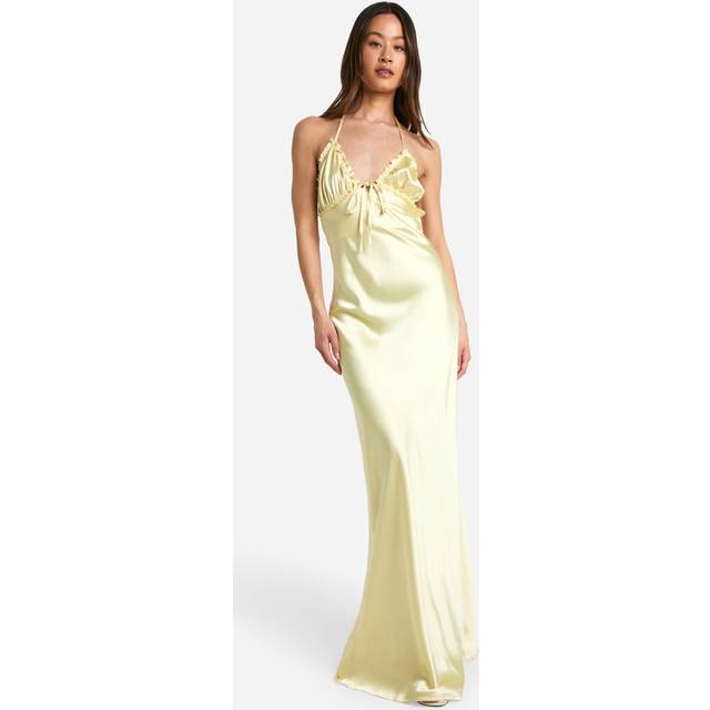 Womens Tall Ruffle Satin Maxi Slip Dress - Yellow - 16, Yellow