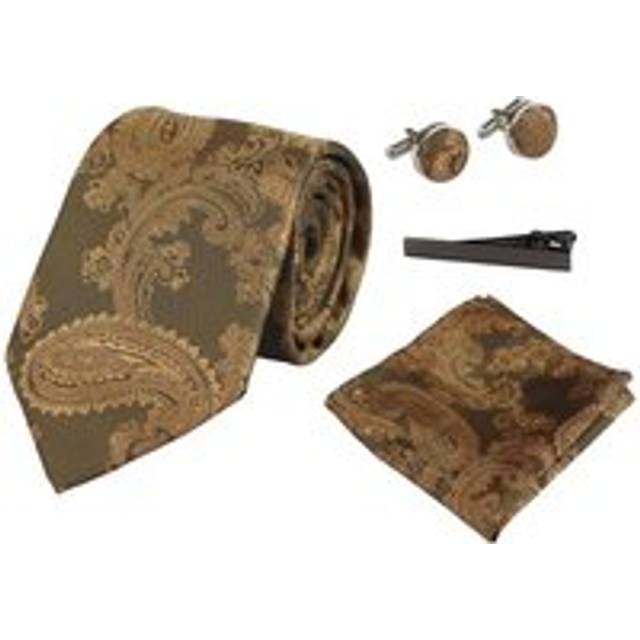 Paisley Neck Tie Pocket Square Cuff Links - Brown - One Size