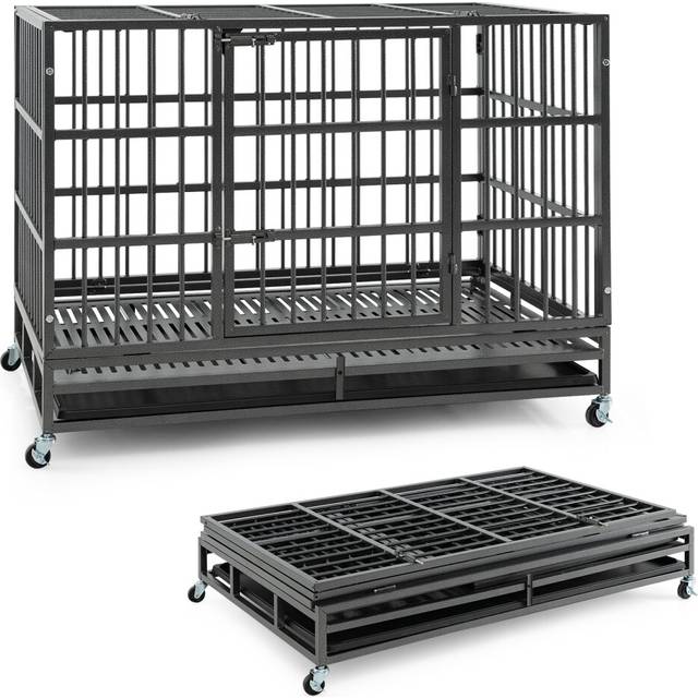 120cm Heavy-Duty Metal Dog Cage Fold Escape-Proof Dog Crate w/Wheels
