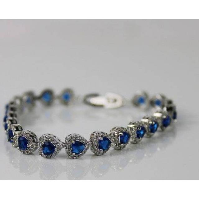 White gold finish blue sapphire created diamond heart cut bracelet + gift box