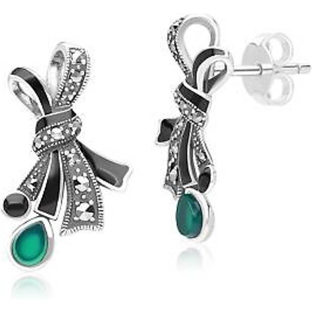 Art Nouveau Style Marcasite, Chalcedony and Black Enamel Ribbon Bow Stud Earrings in Sterling Silver - One Size