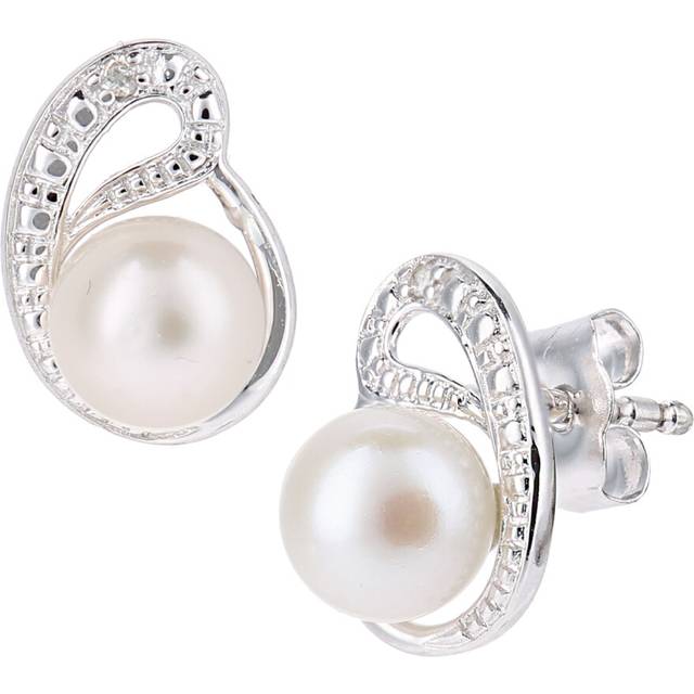Jewelco London 9ct White Gold Round 1pts Diamond Round Pearl 5mm Ouroboros Moon Stud Earrings - PE0AXL5050WPRL