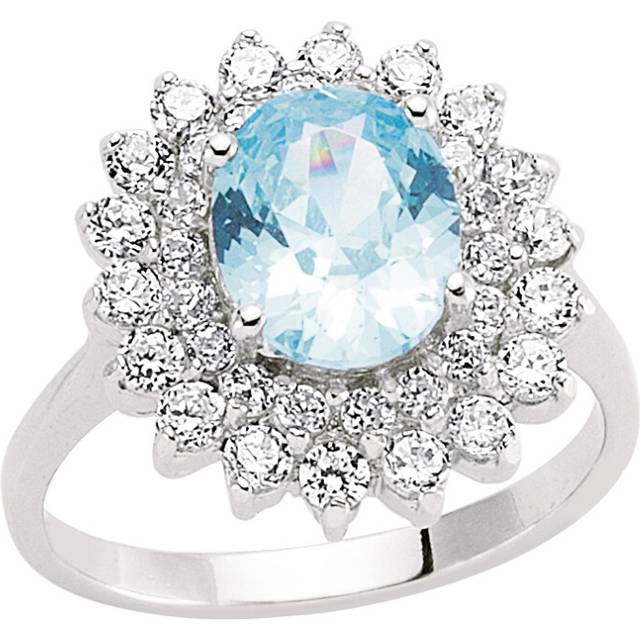 (Q) Jewelco London Ladies Sterling Silver Light Blue Oval Cubic Zirconia Royal Cluster Engagement Ring - GVR302-TOP
