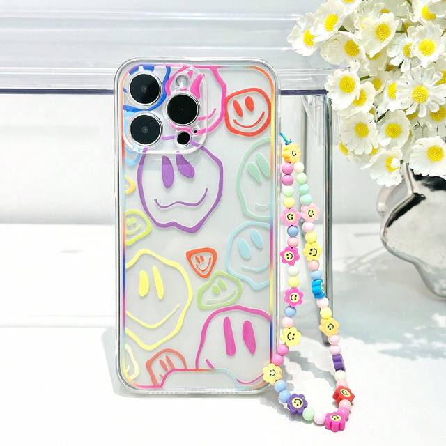SHEIN Cell Phone Lanyards Smiling Face Silicone Phone Case With Additional Smiling Face Chain, Anti-Fall Protective Cover Compatible With IPhone 15/IPhone 1