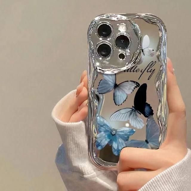 SHEIN Mirror Novelty Y2k Butterfly Rainbow Oil Painting Plating Newest Cute Wave Edge Cream Pattern IPhone 14 Candy Colored Anti-Drop Creative Phone Case XR