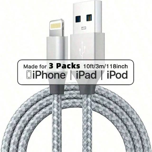 SHEIN 1 Pack/3 Packs 1M/2M/3M Long Charger Cable Compatible With Iphone, USB-A To 8-Pin Fast Charging Cord Nylon Braided Data Sync Transfer Lead Compatible