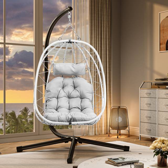 Bloomsbury Market Perkin Rattan Swing Egg Chair with Cushion & Stand White/Grey 195cm H X 108cm W X 120cm L