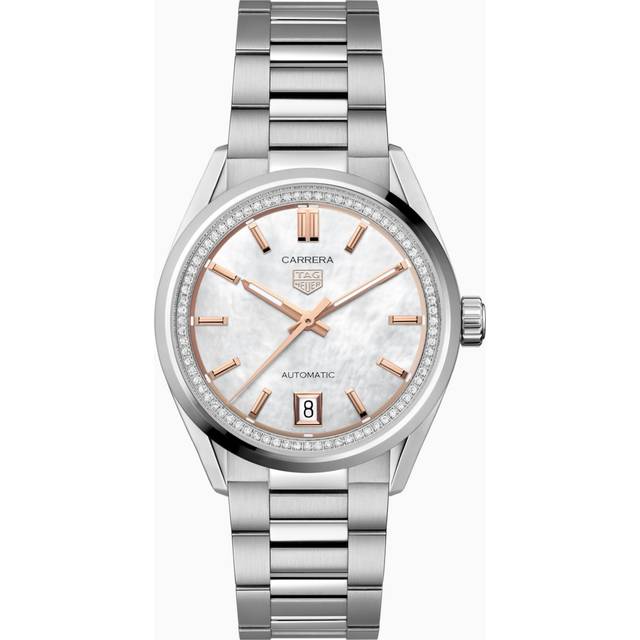TAG Heuer Carrera 36 mm Watch - White Mother of Pearl Dial - 18K Rose Gold Indexes - Steel Band and Case