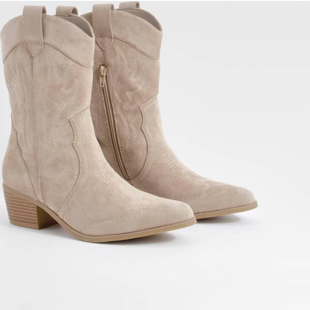 Womens Faux Suede Embroidered Western Ankle Cowboy Boots - Beige - 5, Beige