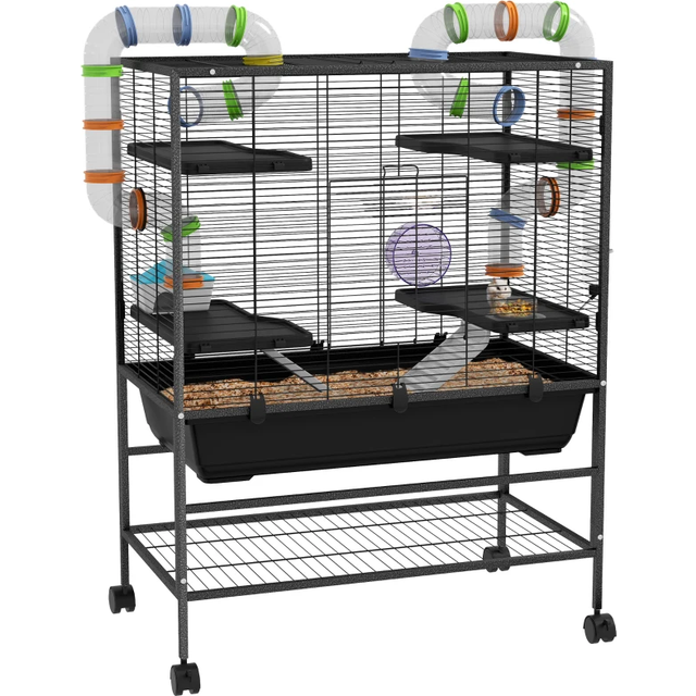 PawHut Large Hamster Cage Gerbil Cage with Tubes, Storage Shelf, Ramps, Platforms, Running Wheel - Black