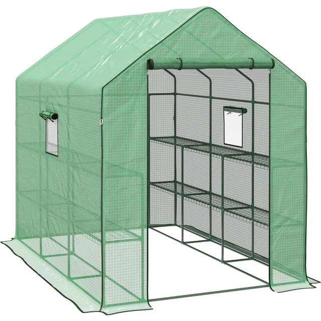 Outsunny Walk-in Greenhouse W/ 3 Tier Shelves, Green House Garden Grow House W/ Pe Cover, Roll-up Door, Mesh Windows, 140 X 213 X 190cm, Green