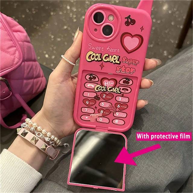SHEIN Apple 1pc Korean Retro Y2k Cherry Heart 3D Pink Make Up Mirror Case Compatible With Iphone 16 15 14 13 12 11 Pro Max Plain Shockproof Soft Cover Water
