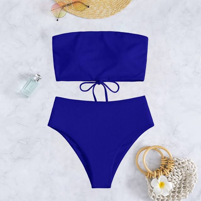 SHEIN Summer Beach Rib-Knit Bikini Set Lace Up Bandeau Bra Top & High Waist Bikini Bottom 2 Pieces Bikini Strapless Bikini Set