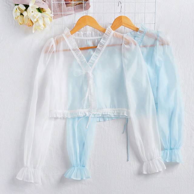 SHEIN Frill Trim Flounce Sleeve Tie Front Crop Blouse Without Cami Top Fall Women Clothes Long Sleeve Shirt Women Clothes Fall Clothes Cruise Women Outfits