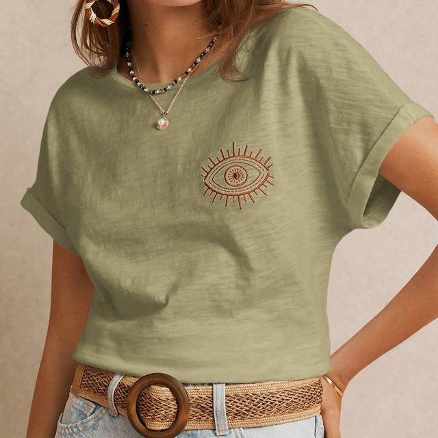 PoÃ©selle 100% Cotton T-Shirt With Symbolic Eye Pattern Emboridery,  Essential, Summer Outfit, Wedding Season Essential, Cottagecore Embroidery Tee, Short Sleev