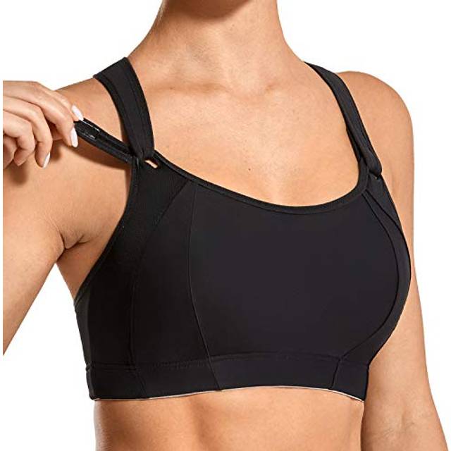 SYROKAN Women's Sports Bra Front Adjustable High Impact Support Padded Wireless Racerback Plus Size Running Bra Black 32B