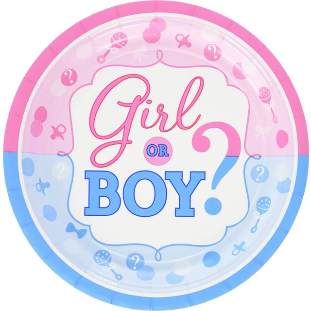 """""Girl or Boy?"""" Blue & Pink Round Plates  7"""" (8-Pack) - Vibrant Revealing Party Table Essentials  Perfect for Gender Reveal Celebrations a"