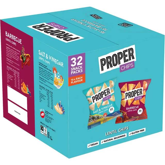 PROPERCHIPS - Multipack Box, Barbecue and Salt & Vinegar Lentil Chips, Vegan, Gluten Free Snacks, 14g, 32 Packs, (16 bags of each flavour)