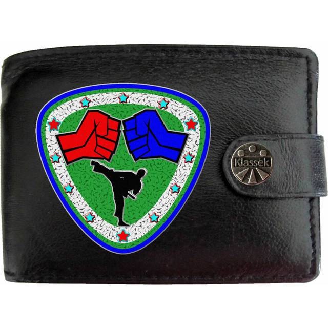 (Standard) Martial Arts Shield Taekwondo Mens Wallet Chain Leather Coin Pocket Klassek RFID Blocking Credit Card Slots and Metal Gift Box
