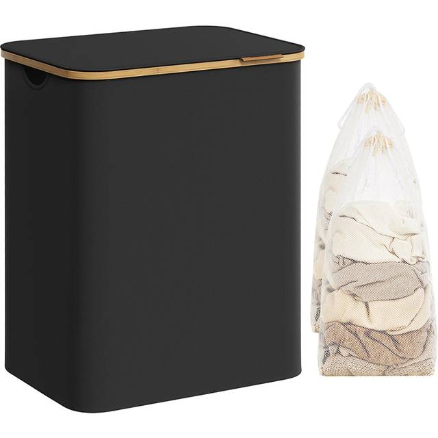 SONGMICS Tvättkorg 2 Fack 130L Tvättkorg med lock Fällbar Avtagbar Tvättväska Oxford Tyg Bambu Handtag Hopfällbar 52 x 38,5 x 70,5 cm Bläck Svart LCB513B01