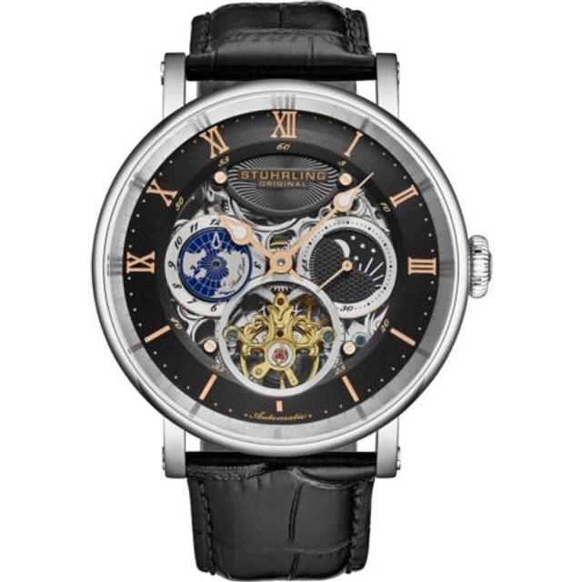 Dual Time Automatic Watch, 47mm Case, Skeleton Dial, Leather Strap, Sun/Moon AM/PM Indicator 5 ATM Water Resistant - Black - One Size