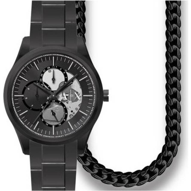 Armani Exchange Multifunction Black Stainless Steel Watch and Necklace Set, Black, Men