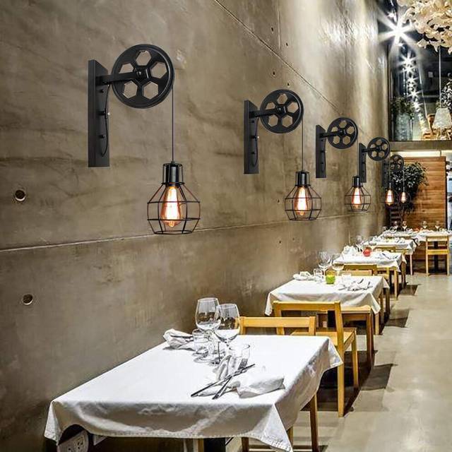 2PCS Creative Wall Lamp Vintage Wall Lamp Pulley Wall Light Black Retro Industrial Antique Wall Sconce E27 Bulb