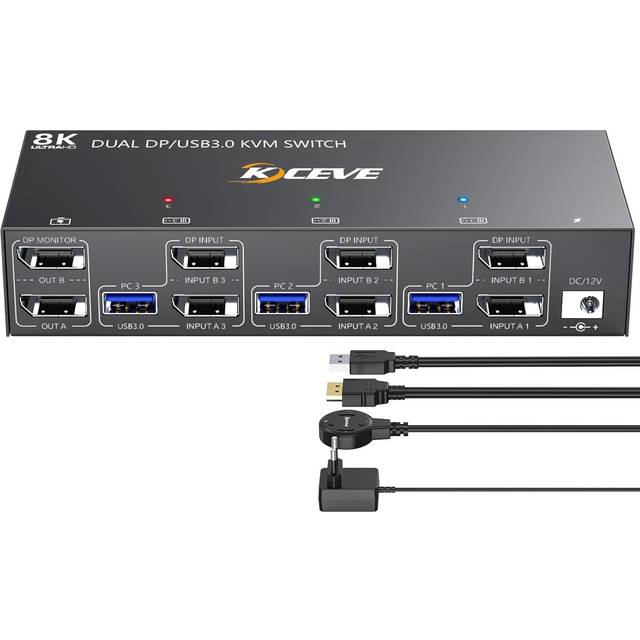 USB 3.0 DP KVM Switch 2 monitoren 3 computers, YOUTINGHDAV KVM Switch 4K 144 Hz, Dual monitor KVM-switch Displayport 1.4, USB KVM-switch Deel 4 USB-apparaten